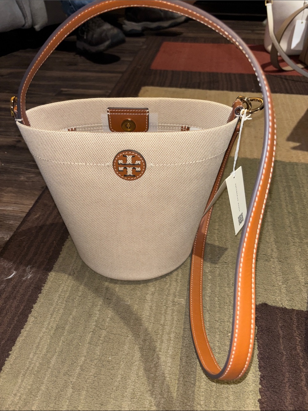 Tory Burch Cream Canvas Bucket Bag with Tan Leather Trim